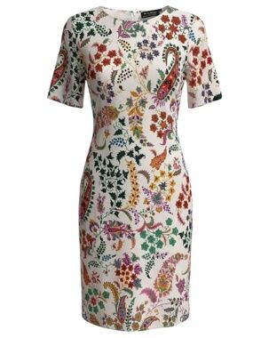 ETRO WHITE MULTI PAISLEY PRINTED SHORT SLEEVED SHEATH DRESS